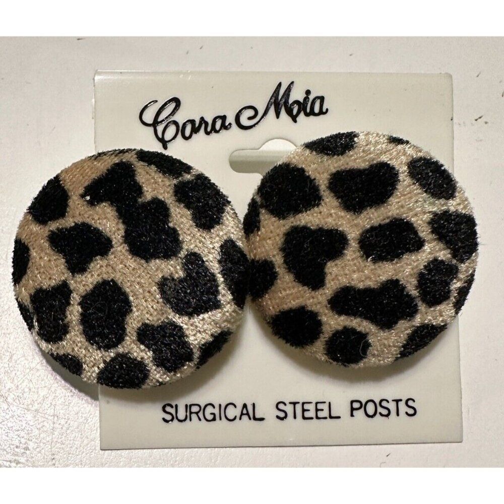 NWT Animal Print Cheetah felt Button Post Pierced Earrings Fuzzy Statement Round